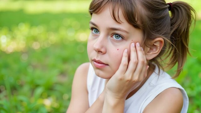 Young girl looking pensive while sitting on grass outdoors, representing mosquito bite under the eye  