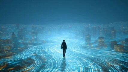 A businessman figure walks along a luminous path through a futuristic cityscape, highlighting the blend of technology and urban life at night - Powered by Adobe