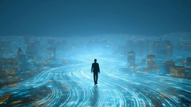 A businessman figure walks along a luminous path through a futuristic cityscape, highlighting the blend of technology and urban life at night