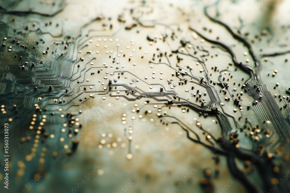 Poster close-up of a circuit board's intricate pathways and components, showcasing technological complexity