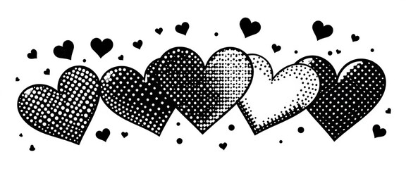 Monochrome pop art hearts, various shapes, halftone dots, isolated on white,  element,  vector