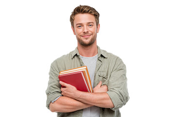 Smiling young man with glasses holding folders and documents isolated on transparent background