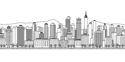Monochrome horizontal urban landscape vector illustration  Contour line buildings, editable strokes, white background,  design,  style
