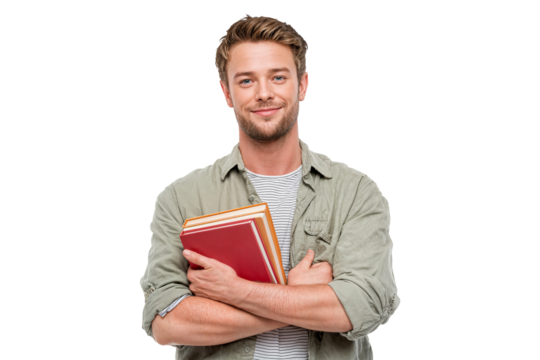 Smiling young man with glasses holding folders and documents isolated on transparent background
