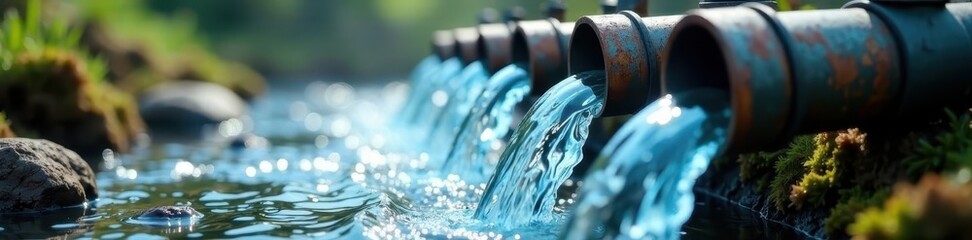 Close-up of recycled water flowing through pipes, liquid, water management