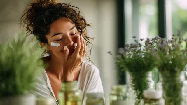 A woman enjoys her skincare routine applying facial moisturizer in a peaceful indoor setting surrounded by greenery and sunlight