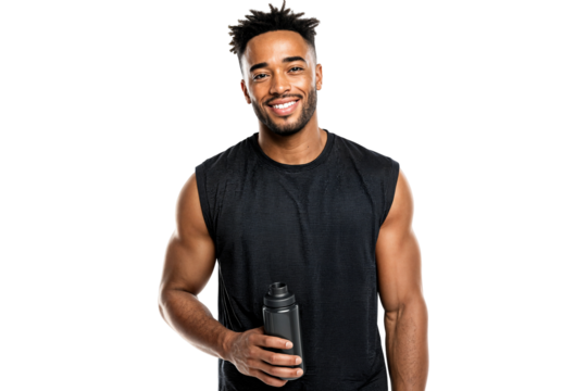 Smiling athletic man in sportswear holding water bottle after workout isolated on transparent background - Powered by Adobe