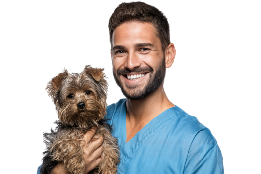 Smiling male veterinarian holding cute small dog isolated on transparent background - Powered by Adobe