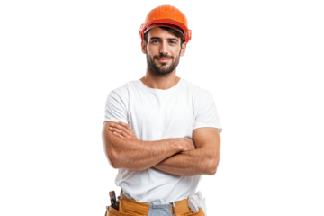 Confident male construction worker wearing safety helmet and tool belt with arms crossed isolated on transparent background