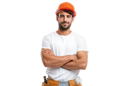 Confident male construction worker wearing safety helmet and tool belt with arms crossed isolated on transparent background