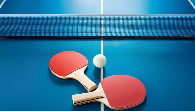 two blue table tennis paddles and white ball on minimal court with net light blue background showing leisure hobby concept in modern style