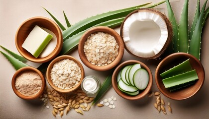 natural skincare ingredients including coconut oil aloe vera and oats in wooden bowls on a textured surface