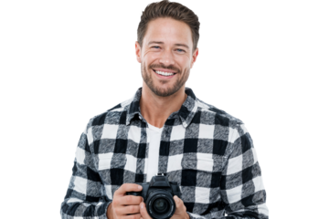 Smiling young man holding professional camera isolated on transparent background