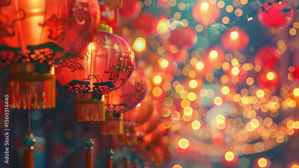 Poster A collection of red lanterns hangs from the ceiling, adding warmth and ambiance to any space