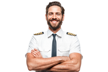 Confident smiling commercial airline pilot in uniform with arms crossed isolated on transparent background