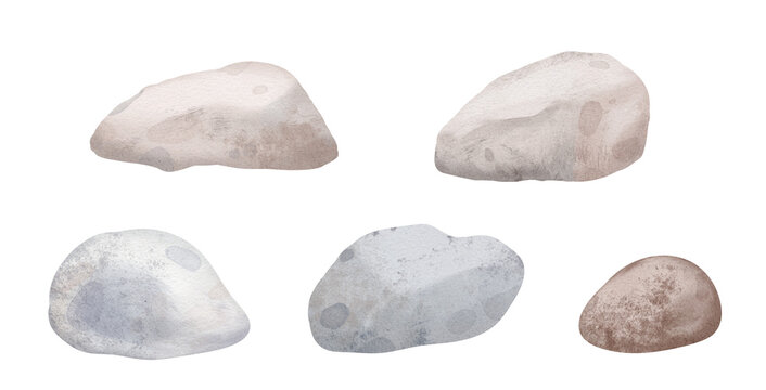 Watercolor set of various natural Stones in soft pastel gray tones. Illustration of Pebbles for underwater landscapes and beach themes. Clipart with Rock on isolated background.