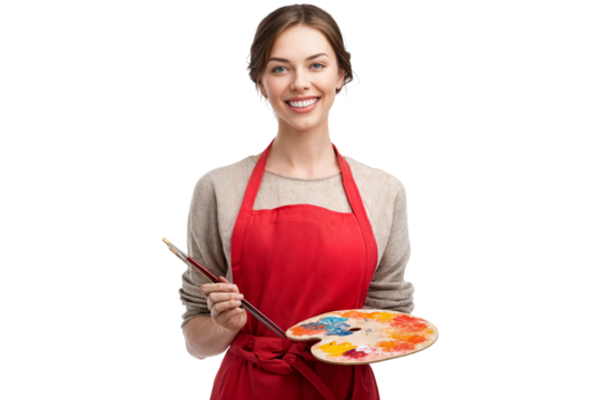 Smiling female artist holding paint palette and brushes isolated on transparent background