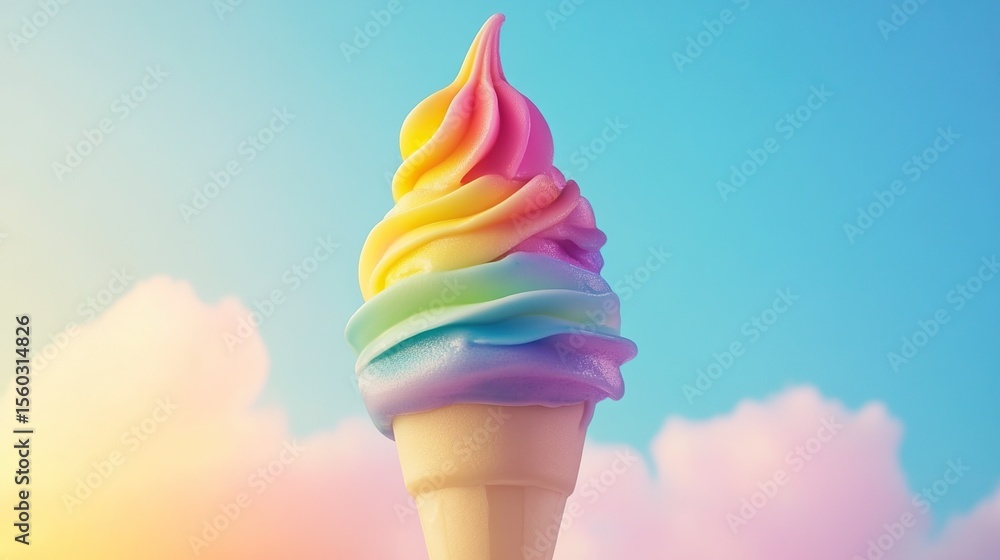 Fototapete a dreamy cloud-like soft-serve in rainbow colors floating in the air.