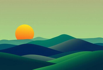 Obraz premium Minimalist green hills, sun, moon, abstract landscape vector illustration for home decor, vector, mountain