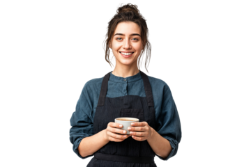 Smiling female barista holding coffee cup wearing apron isolated on transparent background