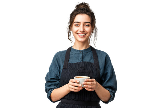 Smiling female barista holding coffee cup wearing apron isolated on transparent background