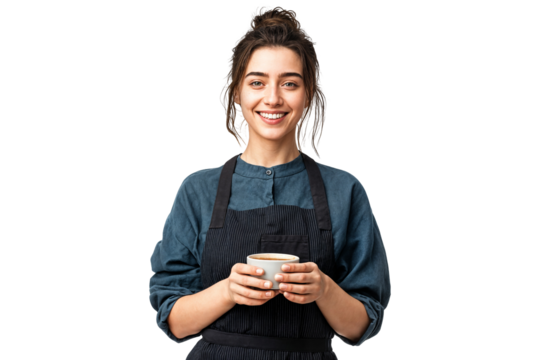 Smiling female barista holding coffee cup wearing apron isolated on transparent background