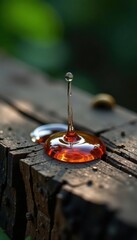 Round droplet hitting wood, spreading outwards , wood grain, wet