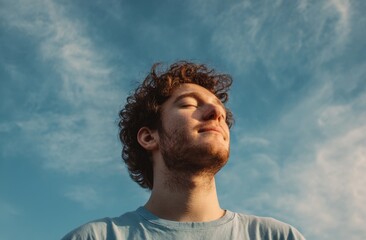 Young man with curly hair basks in the warm sunlight, eyes closed, feeling peaceful under a vast blue sky.