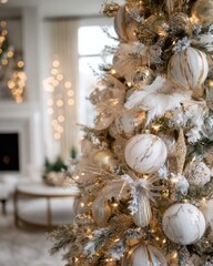 Elegant Christmas tree decor in white, gold, and marble tones in a room with a luxurious holiday aesthetic.