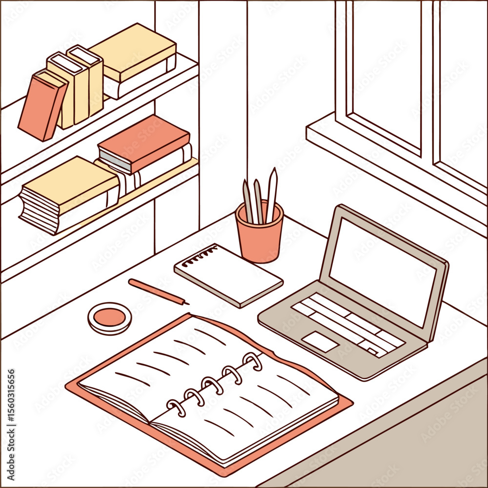 Poster isometric view of a woman presenting data to two attendees in a room with a large window and plant
