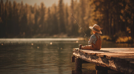 a boy sitting on a dock fishing on a lake with a fishing rod in his hand and a hat on his head