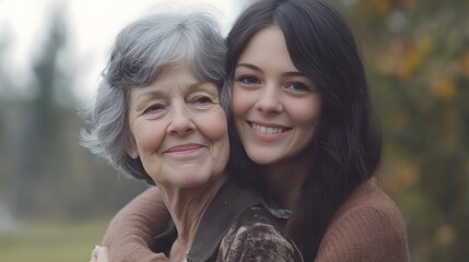 Heartwarming Multigenerational Portrait of Smiling Senior and Young Woman Embracing in Autumn Setting