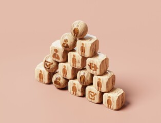 Corporate Structure Pyramid,
Building Blocks of Leadership. Human Resources pyramid made of wooden balls and cubes with man  symbol.  Business concept illustration. 3d Render	
