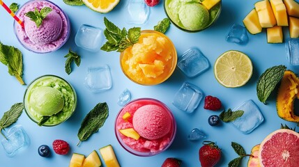 A refreshing summer theme with vegan fruit sorbet and tropical drinks.