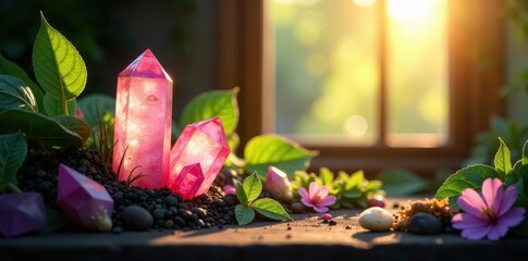 Sunlight streams through window onto crystals & plants, sunlight, vibe