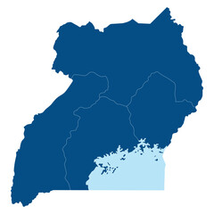 Uganda map four main regions. Map of Uganda four main regions in blue color with Lake Victoria