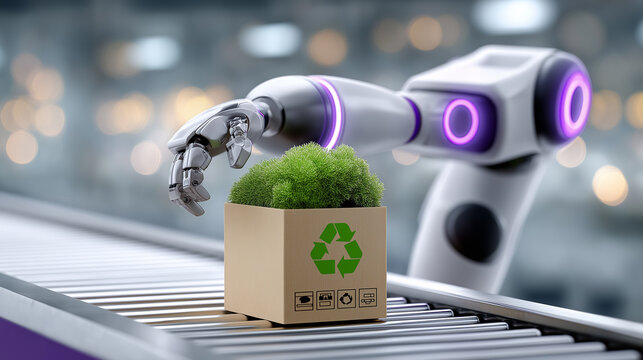 Robotic arm sorts trash on smart conveyor, interacting with glowing UI overlay featuring icons for plastic, paper, and metal. Clean industrial setting emphasizes digital tech meets sustainability - Powered by Adobe