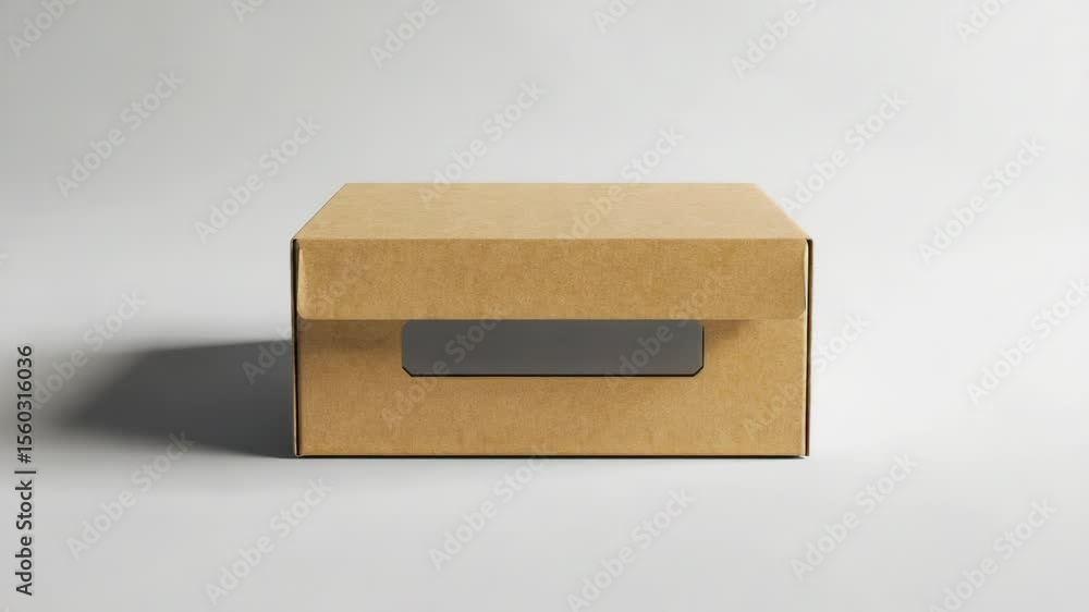 Poster a small brown box with a transparent window on a white surface, often used as a prop for product pho