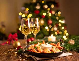 crevettes grillées, sauce et verre de vin, ambiance de fêtes