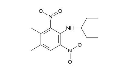 pendimethalin molecule, structural chemical formula, ball-and-stick model, isolated image herbicide