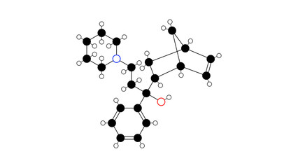 biperiden molecule, structural chemical formula, ball-and-stick model, isolated image anticholinergic agent