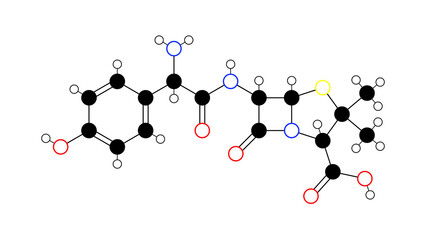 amoxicillin molecule, structural chemical formula, ball-and-stick model, isolated image antibiotic
