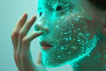 Hand engaging with a digital representation of a human head in interactive visualization