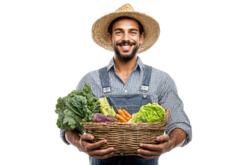Smiling male farmer in straw hat holding basket of fresh organic vegetables isolated on transparent background