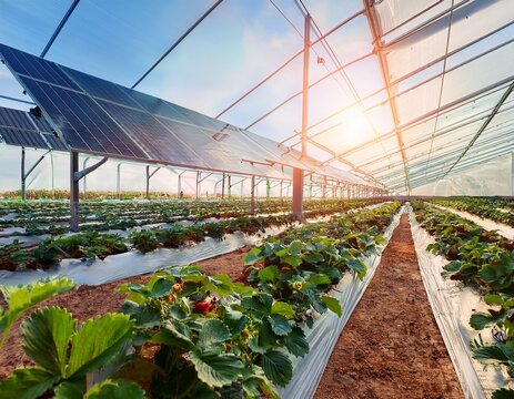strawberry plants growing under solar panels in greenhouse agrivoltaics system for sustainable agriculture