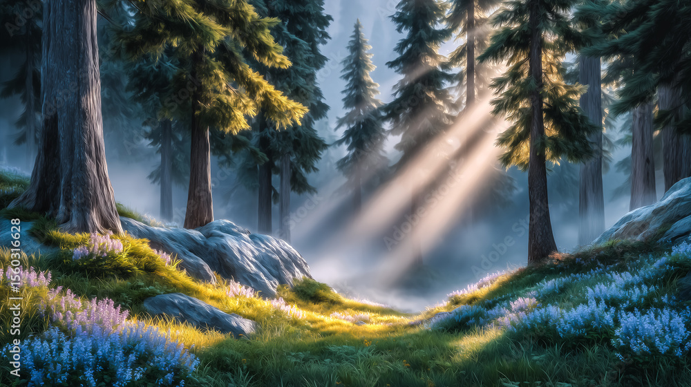 Poster sunlight streams through tall trees illuminating forest floor covered in vibrant flora. mist floats 