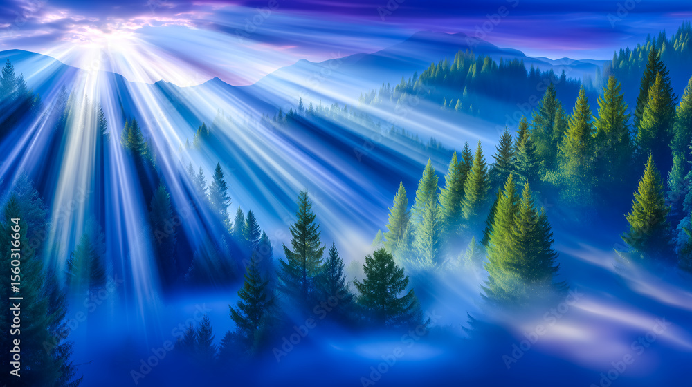 Poster sunlight pierces through tall trees in dense forest, illuminating mist floating above ground. early 
