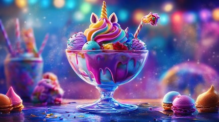 A vibrant digital painting of a unicorn-themed ice cream sundae.