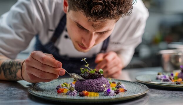 A meticulous chef delicately adds the final touch to a vibrant purple dessert, showcasing culinary artistry and precision.