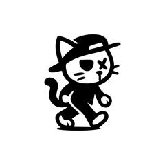 A stylized black and white illustration of a cartoon cat wearing a cap, walking.  The cat has a single eye and a wound,  and has a simple, bold line style